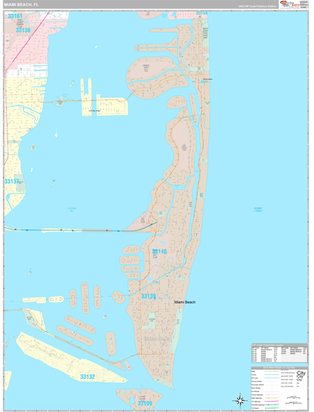 Miami Beach City Wall Map Premium Style